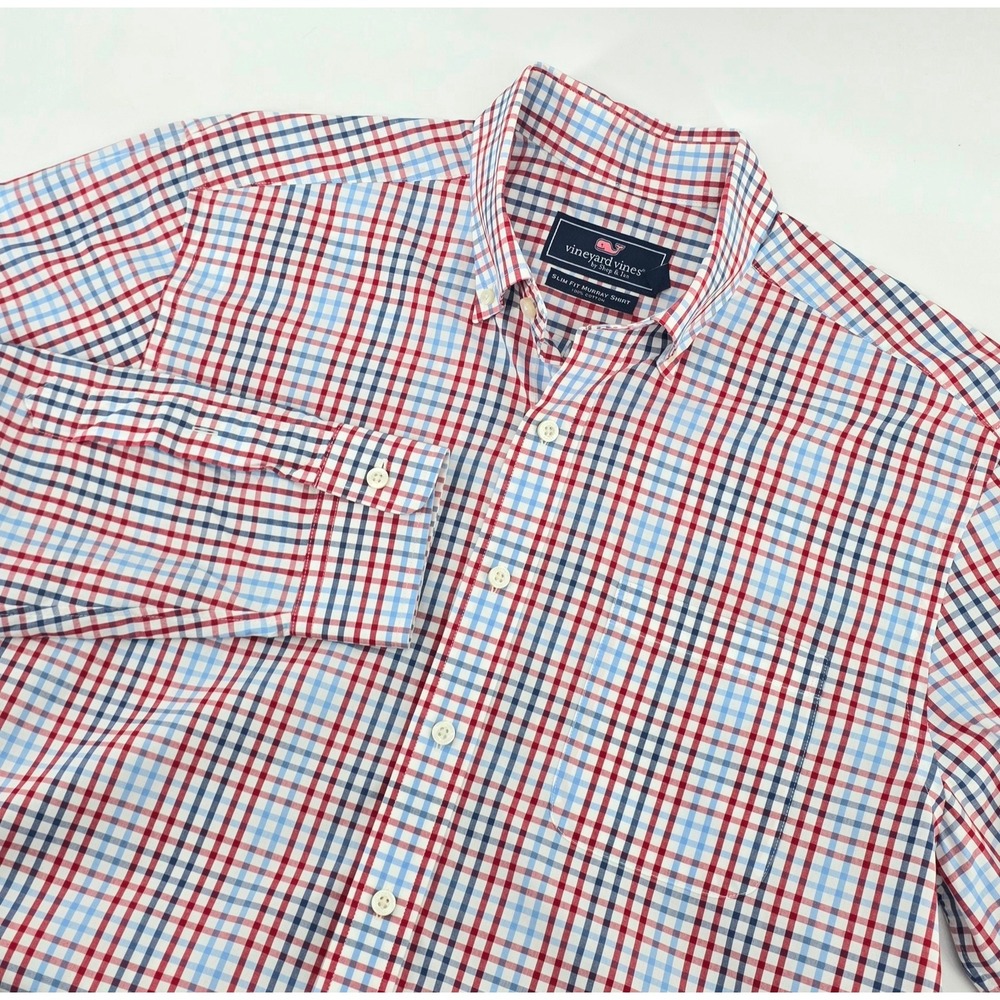 Vineyard Vines Preppy Mens Size L Slim Fit Murray Shirt Plaid Cotton Red Blue